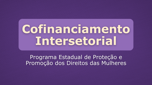 Banner digital com fundo em tons de roxo. Ao centro, h&aacute; um ret&acirc;ngulo roxo mais claro com o t&iacute;tulo &ldquo;Cofinanciamento Intersetorial&rdquo; em letras grandes e claras. Logo abaixo, em destaque secund&aacute;rio, aparece o texto: &ldquo;Programa Estadual de Prote&ccedil;&atilde;o e Promo&ccedil;&atilde;o dos Direitos das Mulheres&rdquo;.
